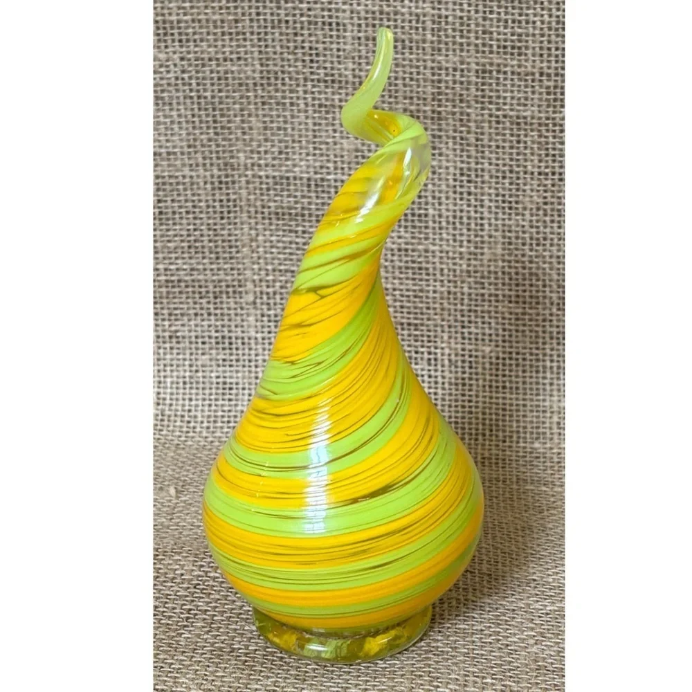 Yellow Green Striped Art Glass Decor Figure Paperweight Pear Shaped Whimsical